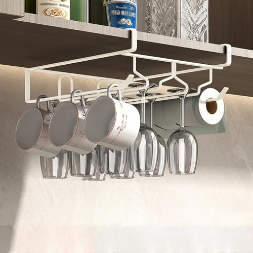 GLMGBP Estante para Copas de Vino, Soporte para Colgar Copas de Vino en Barra, sin Clavos, para Debajo del Estante, para Bar, cafetería, Cocina y Restaurante (Color: Blanco Crema)