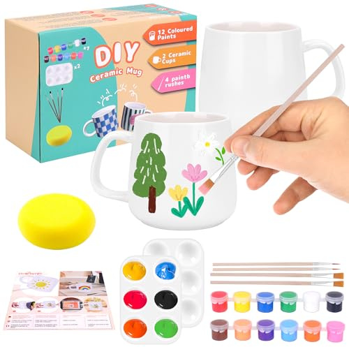 Hysagtek Keramik Bemalen Set - Tassen Bemalen Set, DIY Set Erwachsene | Enthält Tassen, Farben, Pinsel, Anleitung zum Malen, Kreatives Geschenk für Geburtstag, Muttertag, Kindertag(A)