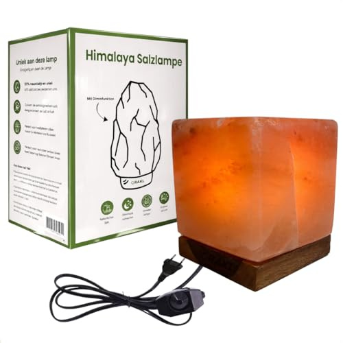 Orakl - Dimmbare Salzlampe Cube - 2-4 KG - 100% echtes Himalaya Salz aus Salt Range Pakistan - Salzkristall-Lampe - Salzstein - Tischlamp inkl. 1x 15W Glühbirnen und Geschenkbox (Orange)