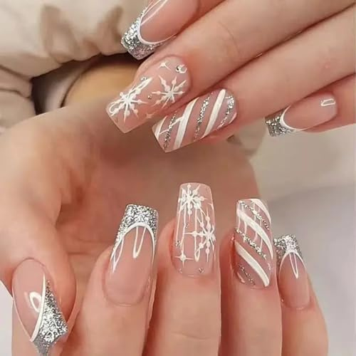 Xonojun 24 Pcs Kit Faux Ongles de Noël à Paillettes, French Manucure Glitter à Motifs Flocons de Neige, Faux Ongles Festifs Femme Fille, Idées Cadeaux Beauté Noël
