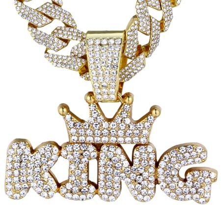 HALUKAKAH Diamond Necklace for Men - 18k Real Gold Plated - Lab Diamonds Prong Set - Crown King 3D Bubble Letter Pendant with 15mm Diamond Cuban Link Chain 50cm - Present for Husband, Son, Boyfriend