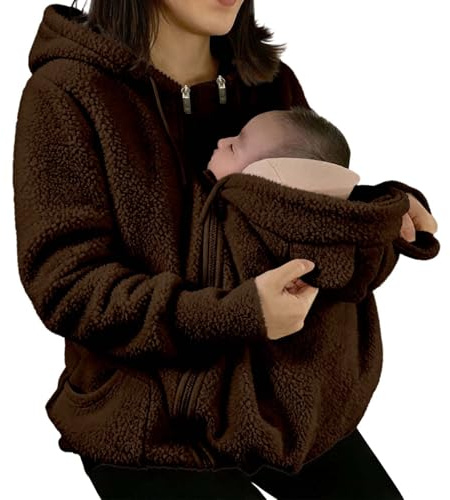 Veste De Portage pour Maman et Bébé Veste à Capuche Douce et Confortable Polaire Sweat d'allaitement Kangourou Vestes de Maternité Femme Manches Longues Pull Chaud Couleur Unie