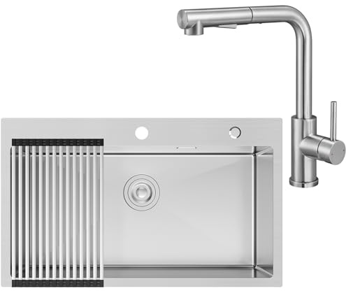 CECIPA 75x45 cm Lavello Cucina 1 Vasca con L Rubinetto Cucina Estraibile | Lavandino Cucina in Acciaio Inox, con Tenda a Rullo Scarico, per Mobile di lunghezza 80cm