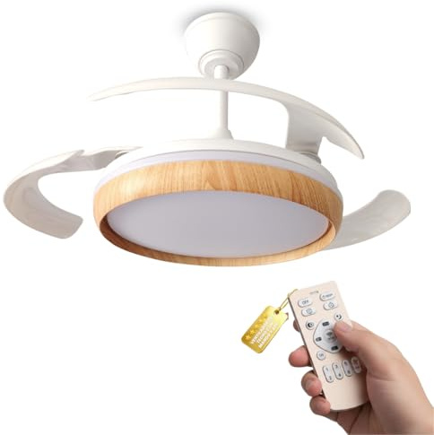 FAN PROJECT Ventilador de Techo con Luz LED, 106 cm, Motor DC 30W Silencioso, 6 Velocidades con Mando, 3 Colores 3000K-6500K Regulable, Función Verano/Invierno, Diseño Moderno Blanco Madera