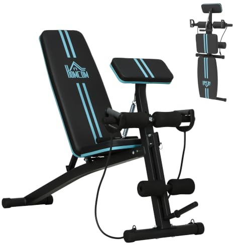 HOMCOM Hantelbänk, multifunktionell träningsbänk med 7-vägs justerbart ryggstöd, vikbar träningsbänk kan belastas upp till 120 kg, för hem, biceps-curls, skivstång, stål, blå