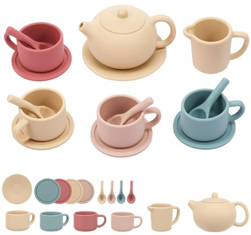 15Pcs Silicone Tea Set, Montessori Toys for 3+ Year Old, Kitchen Accessories, Kids Afternoon Tea Party Set, Dishwasher Safe Sensory Mud Kitchen Toys for Little Girls Boys