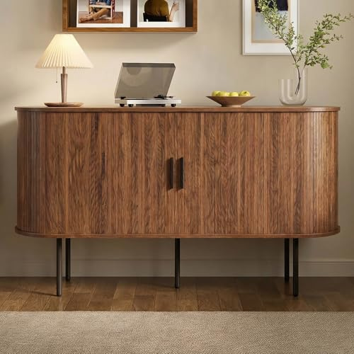MAMAINI Noce, moderna credenza in MDF con ante a rullo, maniglie in alluminio e gambe in ferro. Versatile armadietto per soggiorno, sala da pranzo e arredamento moderno
