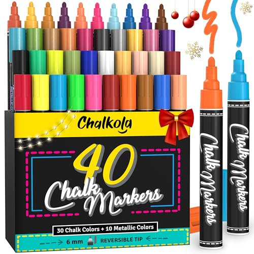 Chalkola 40 Kreidestifte für Tafel Abwaschbar - Kreidemarker & Metallic Stifte 6mm Umkehrbare Spitze | Kreide Stift für Fenster, Tafel & als Glasstift. Chalk markers für Erwachsene & Kinder