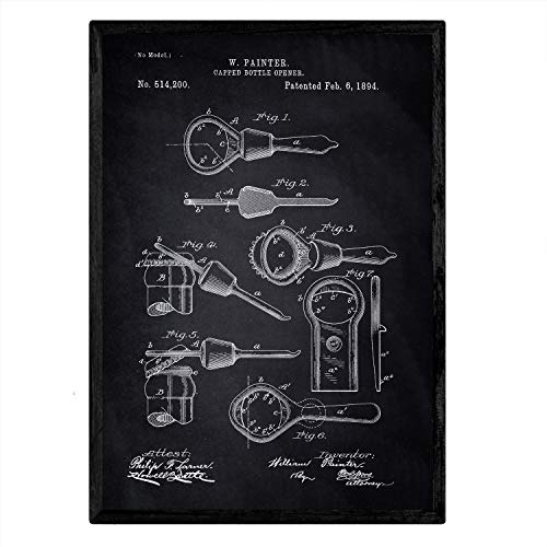 Nacnic Poster con patente de Abrelatas. Lámina con diseño de patente antigua en tamaño A3 y con fondo negro