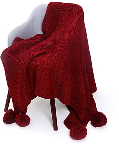 JYSSH Strickdecke Kuscheldecke ​Mit Quaste Pompoms, Strick Wolldecke Wohndecke for Sofa Couch Bed, Sofaüberwurf Decke Für Bett Sofa Schlafzimmer Büro,Red-59x79/150x200cm