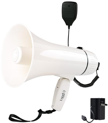 Loudmore Portable Megaphone Bullhorn 35 Watt Power Megaphone Speaker with Siren/Alarm Modes, 240S Recording, Detachable Handheld Microphone, Volume Control and Strap (White)