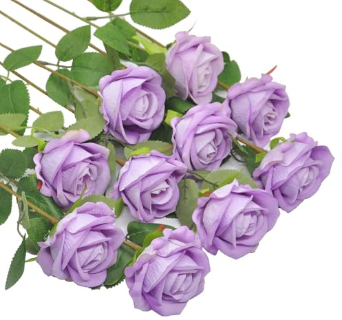 Huspox Fake Purple Roses Artificial Flowers with Stems, Light Purple, 10pcs | Realistic Velvet Flowers for Centerpiece DIY Arrangement Wedding Bouquet Decoration