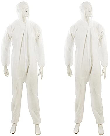 Dapetz ® Tuta da lavoro usa e getta con cappuccio, protezione chimica, 2 pezzi, tuta impermeabile, abbigliamento da lavoro di sicurezza industriale, polsini e caviglie con cerniera frontale M 120 cm