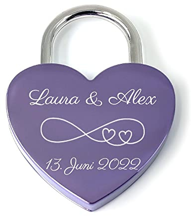 Liebesschloss24.de Herzschloss Lila mit persönlicher Diamant-Gravur ♥ 1 Schlüssel ♥ Romantisches Geschenk für Ihn/Sie