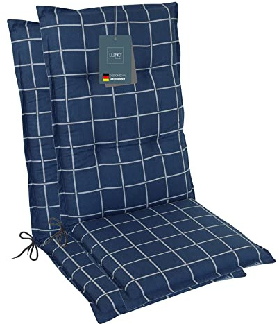 LILENO HOME Gartenstuhl Auflagen als [2er Set - Hochlehner] in Yacht-Karo | Dunkelblau - bequeme Liegen als Sitzauflagen für Gartenmöbel - Stuhlkissen für Gartenstühle und Klappstühle