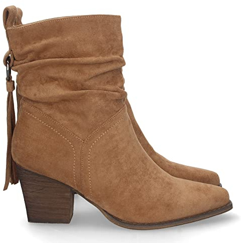 shoes&blues.es 67704-Botin de Tacon para Mujer, de Punta Fina, Cana Arrugada, Flecos en el Talon, y Cierre de Cremallera, Otono Invierno 2022. Talla 36 Camel