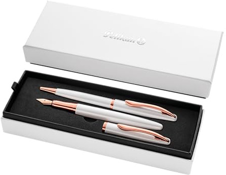 Pelikan Jazz Noble Elegance K/P36 mit Füller und Kugelschreiber, Perlmutt (Weiss), eleganter Patronen-Füller und Kuli aus Metall