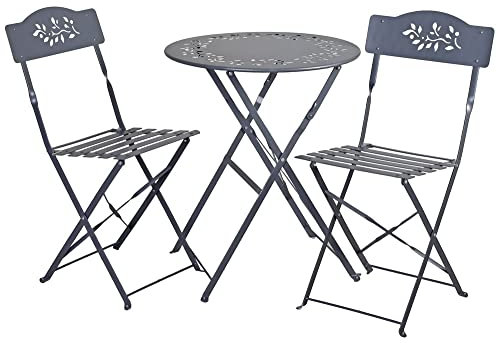 Gartenmöbel Set JARDIN DES FLEURS 3-teilig Eisen Grau Nostalgie Bistroset Balkonmöbel rund Ø 60 cm + 2 klappbare Stühle Vintage Stil Terrassenmöbel Ornament französisch Metallmöbel wetterfest