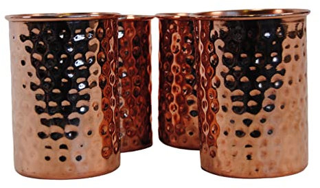 Terrapin Trading 4 x 100% Pure Hammered Copper Ayurvedic Water Beakers Glass Cup Mug Stylish Yoga Bar Cocktail Health Benefits