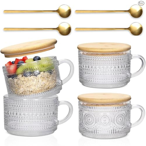 Xigugo Juego de 4 tazas de café vintage, tazas de té transparentes en relieve con tapas y cucharas de bambú, tazas de café de vidrio de 14 onzas, bonitos accesorios de cafetería, vasos de café helado,