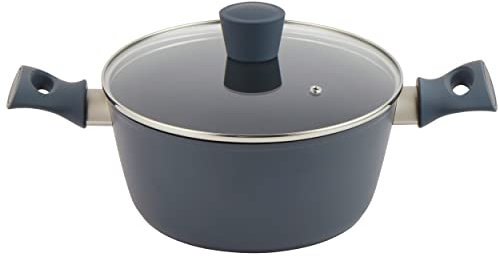 Salter BW12270EU7 Marino 24cm Non-Stick Stockpot – Induction Safe, PFOA-Free, Use Little/No Oil, Soft-Touch Handles, Forged Aluminium, Tempered Glass Lid & Steam Vent, Casserole, Blue Grey