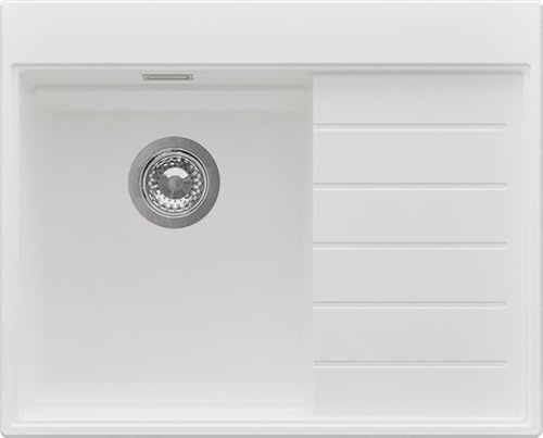 PRIMAGRAN Spülbecken Weiß 62x50cm, Granitspüle 1 Becken + Ablauf-Set, Küchenspüle ab 40er Unterschrank - Sydney S373