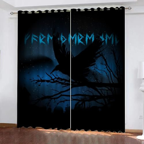 WIKINGER Gardinen mit ösen 2er Set B 200 X H 160 cm Krähen Vorhang Blickdicht Kälteschutz Schallschutz Verdunkelung Wärmeisolierende Vorhänge für Wohnzimmer Schlafzimmer
