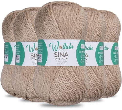 Wollidu Sina Wolle zum Stricken und Häkeln 500g Premium Strickwolle/Häkelwolle Set OEKO-TEX zertifiziert 5 x 100g/170m 80% Polyacryl 20% Schafwolle mulesing-frei - Hellbraun