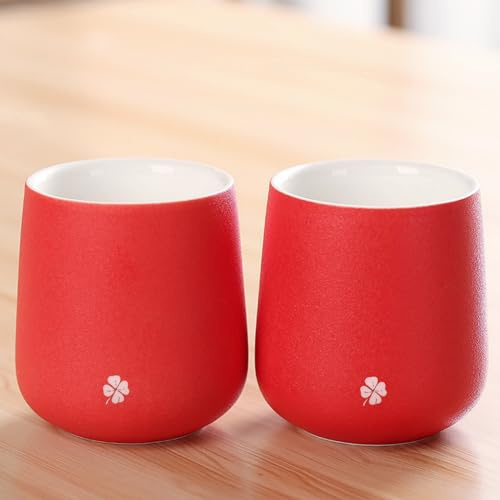 NIUKOMY Tasses en Céramique à Double, Tasse à Café épaissie, Lot de 2 Tasses à Thé Chinoises, Tasse à Thé Japonaise en Porcelaine Sans Anse, Set de Tasses à Thé Asiatiques, 200ML Rouge