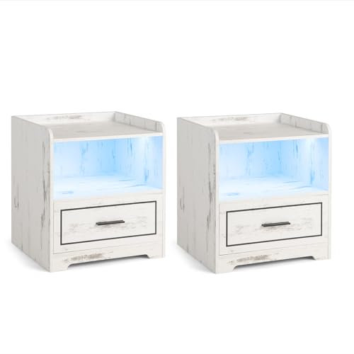 KOMFOTTEU Nachttisch mit verstellbare LED, Nachtkommode mit Ladefunktion USB/Type-C, Nachtschrank aus Holz mit Fach & Schublade, Smart Tabel 45x40x50cm (2, Weiß)