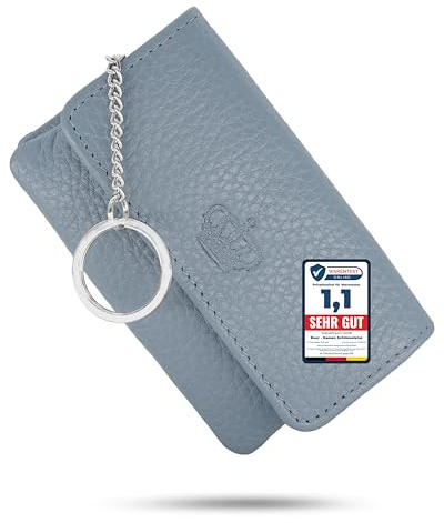 Baur Étui à clés femme en cuir véritable – Porte-clés avec anneau métallique et fermeture à pression – Petit porte-monnaie zippé pour billets, pièces et cartes (Bleu colombe)