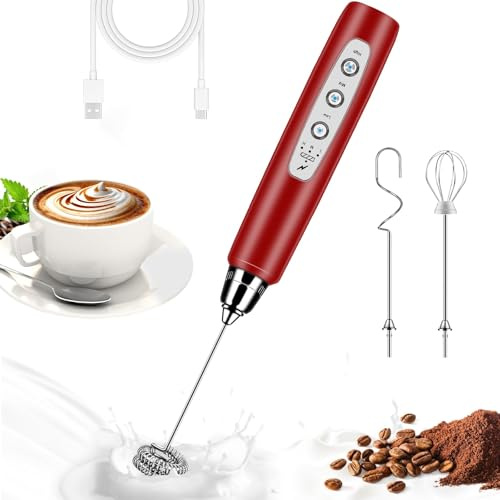 BSRGMS Espumador de leche de mano para café, batidor eléctrico de 3 velocidades ajustable, mezclador de bebidas con 3 batidores de acero inoxidable, varita espumadora de mano recargable, máquina de