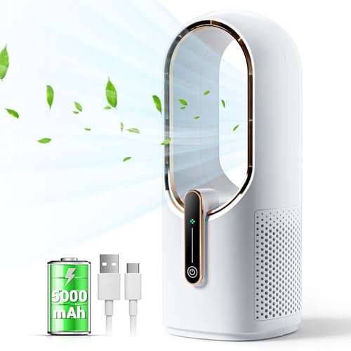 KONSIDEN Bladeless Desk Fan, 11.8 Inch Small Battery Operated Fan, Quiet Office Fan, 3 Speeds Airflow, Touch Control, Easy to Clean, Desk Fan Small Quiet, Ideal for Home, Office, Travel, F6-BA