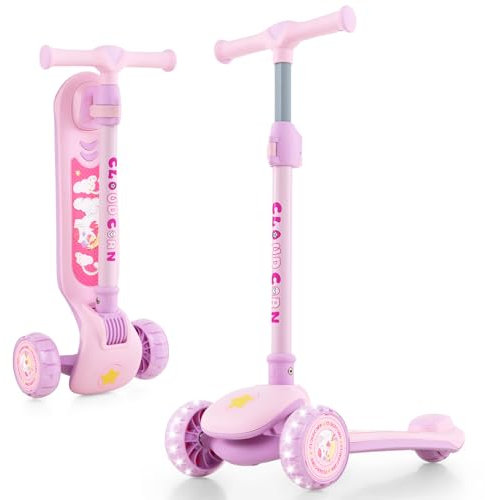 COSTWAY Barnskoter, vikbar, barnskoter med PU LED-hjul och bakbroms, sparkcykel, höjdjusterbar, stadsskoter, sparkcykel för pojkar och flickor från 3 år (rosa)