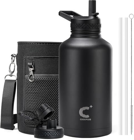 Half Gallon Water Bottle Insulated, Coolplus 64 oz Stainless Steel Water Jug With Straw Metal Double-Walled Vacuum Large Flask With Carry Sleeve Leakproof, Keep Cold 48 Hrs Hot 24hrs, Black