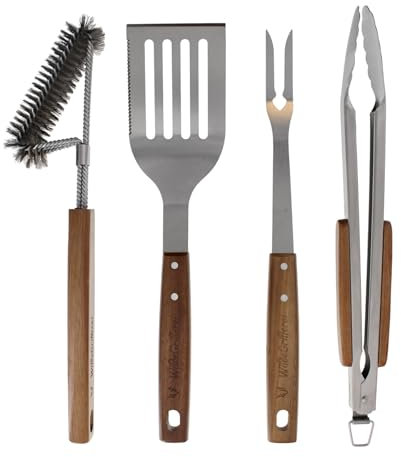 WildeGrillerei Grillbesteck Set 4-teilig aus Edelstahl Grill-Set 42 cm mit Holzgriffen und Aufhänge-Ösen Grillzubehör bestehend aus Grillzange, Grillbürste, Grillwender und Fleischgabel