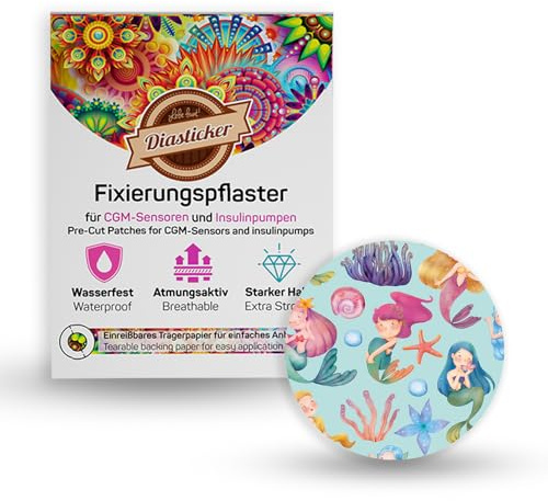 Diasticker® | Overpatch fixeringsplåster (5 stycken, Lovely Mermaids) – Freestyle Libre 3, Dexcom G7, kateter | vattentät – andningsaktiv – starkt fäste | sensorpatch, fixering, tejp, plåster