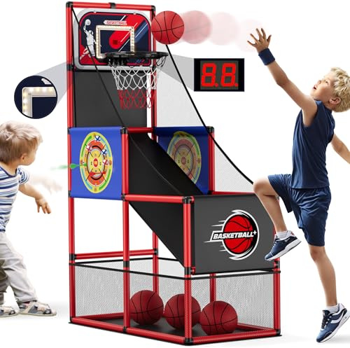 HYES 3 in 1 Basketball Arcade Game with 2 Dart Boards/Electronic Scoreboard/LED Light, Single Shot Basketball Hoop for Kids Indoor Outdoor, Sport Toys Gifts for Boys Girls Ages 3-12 Years Old