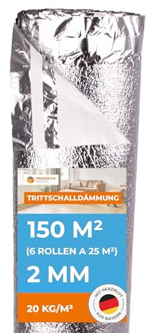 Trittschalldämmung mit Dampfsperre 150m² PREMIUM SILVER 2mm stark | 6 Rollen je 25m² | Schall- und Wärmedämmung für Parkett und Laminat | Fußbodenheizung geeignet
