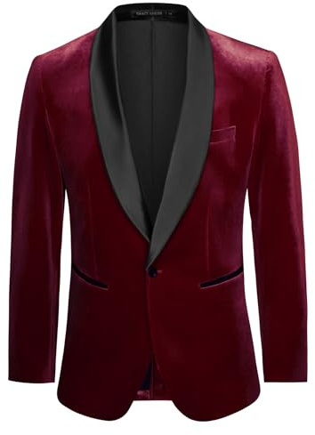 Mens Velvet Blazers Shawl Collar One Button Slim Fit Blazer Jacket Coat for Winter Christmas L Wine