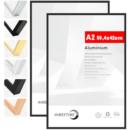 HIMEETIME® 2x Bilderrahmen DIN A2 42x59,4 cm Schwarz Metall Rahmen,Dokumentenrahmen 42x59,4 cm Groß Collage,Metallrahmen Alu-Bilderrahmen Aluminium,Picture Frame 42x60 Fotorahmen