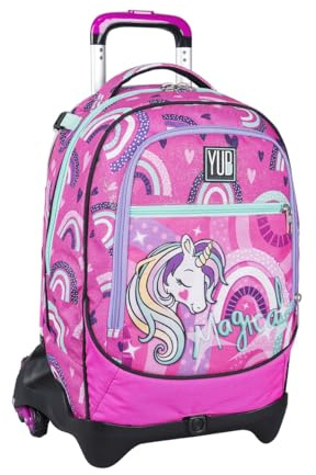 Seven Yub Trolley Scuola 3 Ruote, Rosa, MagicWorld, 3 in 1, Triplo Uso, Zaino con Carrello Sganciabile e Crossover System, Zaini e Trolley Scuola e Viaggio