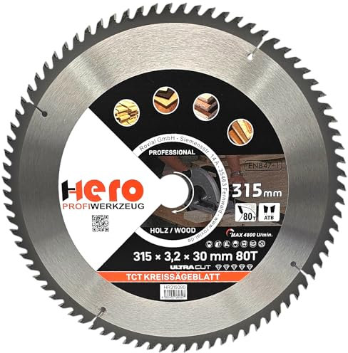 HERO Kreissägeblatt 315 x 30/20 mm 80 Zähne Hartmetall Sägeblatt TCT Ersatzsägeblatt für Holzbearbeitung Weich & Hartholz, Nichteisenmetalle Universal Handsäge, Gehrungssäge, Tischkreissäge, Kappsäge