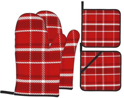 Ofenhandschuhe und Topflappen-Sets mit weihnachtlichem Karomuster, hitzebeständig, Küchen-Backhandschuhe, rutschfeste Oberfläche zum Kochen, Backen, Grillen, Grillen