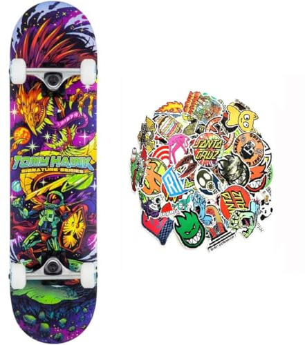 Komplettes Skateboard Tony Hawk PROFESSIONAL Advanced Level Qualität und Haltbarkeit – Skateboard 7,75 Zoll + 50 glänzende Sticker (professionelle Cosmic, 7,75 Zoll)