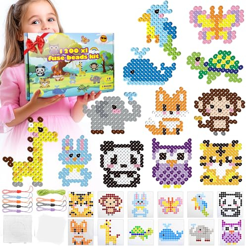 Juego de perlas grandes de 10 mm, 18 colores, 1200 unidades XL con placa de conexión, 12 animales, 8 cordones y 5 papel de planchado, juego de perlas creativas, regalo para niños a partir de 3 años