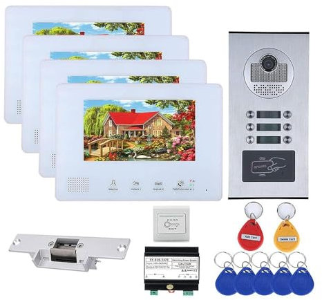 4 Apartment Bus 2 Line Video Doorbell Intercom System 7 Inch Electronic Door Lock Home