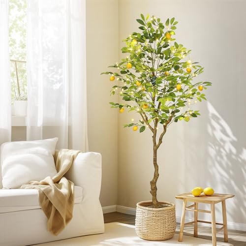 GarveeHome 6 ft Artificial Lemon Tree Indoor, Pre Potted Faux Lemon Tree with Realistic Fruit and Lifelike Leaves, Fake Lemom Plant with 100 Lights for Indoor Home Decor Office Living Room