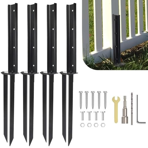 WUDLEP 4 Pack Fence Post Anchor Repair Kit, Heavy Duty Steel Fence Pole Ground Anchor Stakes with Adjustable Width Connection and Reinforced Base for Repairing of Tilted/Broken Wood Fence Post Support