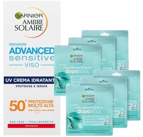 Garnier Ambre Solaire Advanced Sensitive Protezione Solare Per Il Viso SPF 50+ 50 Ml E Maschere In Tessuto Doposole Per Il Viso X6